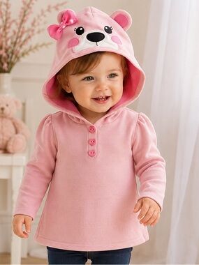Bonnie Baby Girls 6-9M Pink Bear Hooded Sweater Top Heart Buttons
